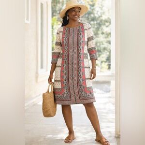 London Times Dress Womens 12 Boho Tribal Print Shift 3/4 Sleeve Stretch